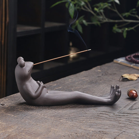 Handmade Clay Frog Incense Stick Holder Animal Statue Decor