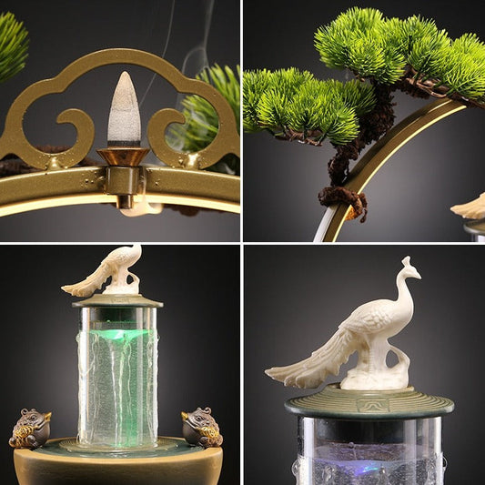 Lucky Pheasant Round LED Incense Burner With Flowing Water Fortune Fountain