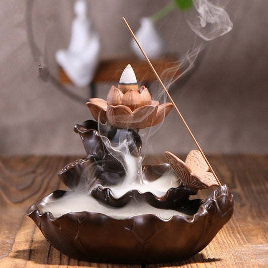 Lotus Flower Pond Incense Cone Burner With Butterfly