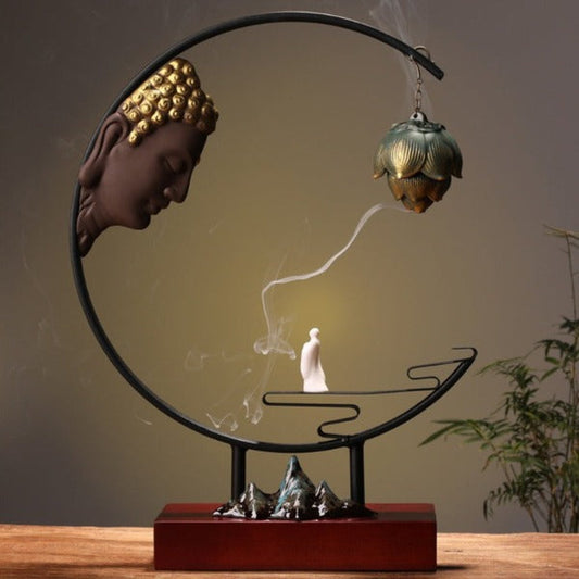 Buddha Large Incense Holder With Hanging Metal Lotus